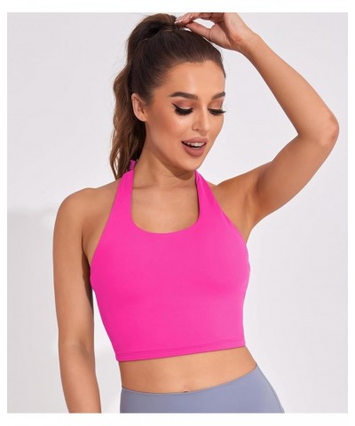 Womens Halter Workout Tops Support Padded Longline Sports Bra Crop Tank Yoga Bras Twist Gym Athletic Running Shirt Hot Pink W...