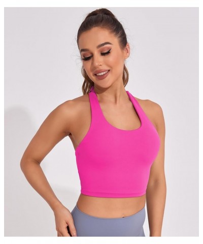 Womens Halter Workout Tops Support Padded Longline Sports Bra Crop Tank Yoga Bras Twist Gym Athletic Running Shirt Hot Pink W...