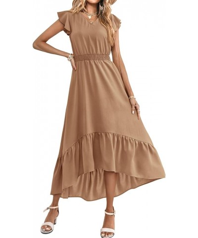 Women's Summer Maxi Dress Casual Floral V Neck Cap Sleeves Boho High Low Flowy Midi Long Sun Dresses Z-khaki $25.43 Dresses