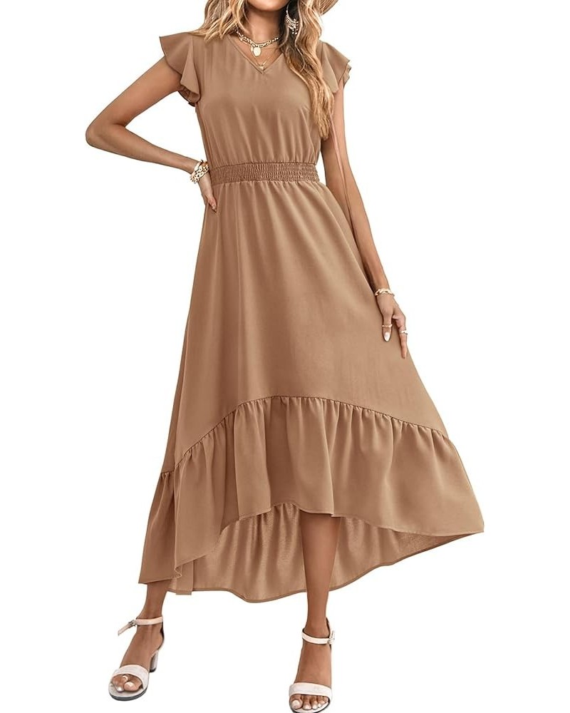 Women's Summer Maxi Dress Casual Floral V Neck Cap Sleeves Boho High Low Flowy Midi Long Sun Dresses Z-khaki $25.43 Dresses