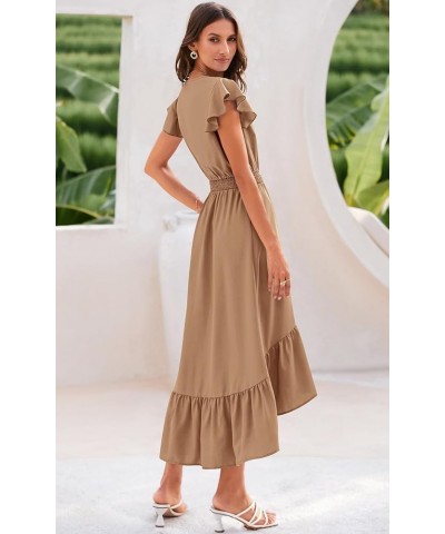 Women's Summer Maxi Dress Casual Floral V Neck Cap Sleeves Boho High Low Flowy Midi Long Sun Dresses Z-khaki $25.43 Dresses