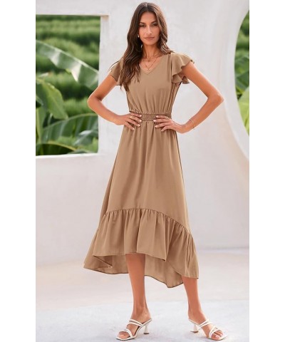 Women's Summer Maxi Dress Casual Floral V Neck Cap Sleeves Boho High Low Flowy Midi Long Sun Dresses Z-khaki $25.43 Dresses