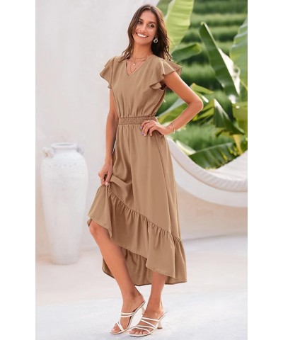 Women's Summer Maxi Dress Casual Floral V Neck Cap Sleeves Boho High Low Flowy Midi Long Sun Dresses Z-khaki $25.43 Dresses