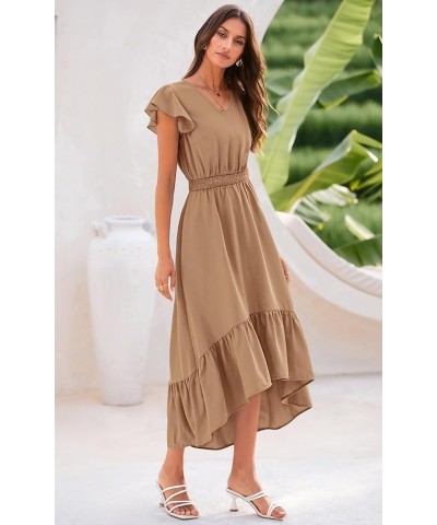 Women's Summer Maxi Dress Casual Floral V Neck Cap Sleeves Boho High Low Flowy Midi Long Sun Dresses Z-khaki $25.43 Dresses