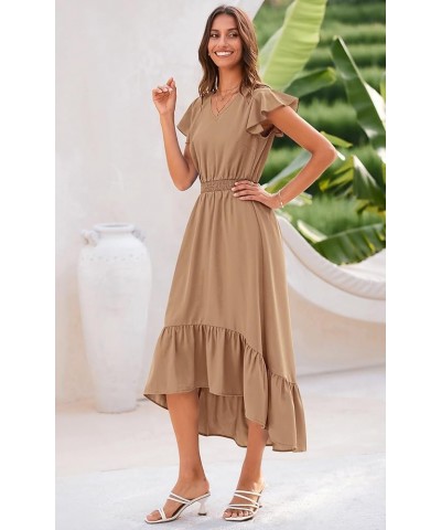 Women's Summer Maxi Dress Casual Floral V Neck Cap Sleeves Boho High Low Flowy Midi Long Sun Dresses Z-khaki $25.43 Dresses