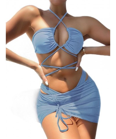 Women's 3 Piece Swimsuit Criss Cross Halter Bikini Set Bathing Suit and Drawstring Beach Skirt Dusty Blue $12.30 Swimsuits