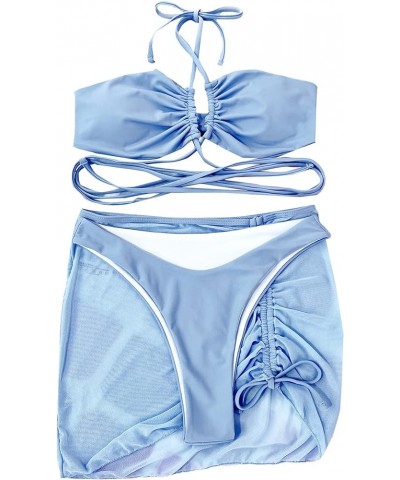 Women's 3 Piece Swimsuit Criss Cross Halter Bikini Set Bathing Suit and Drawstring Beach Skirt Dusty Blue $12.30 Swimsuits