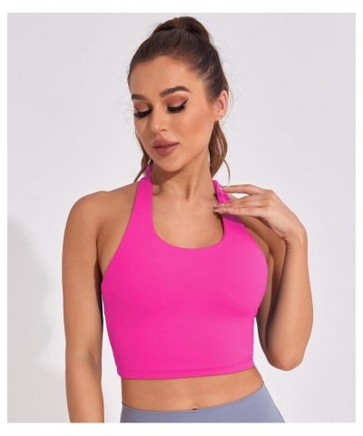 Womens Halter Workout Tops Support Padded Longline Sports Bra Crop Tank Yoga Bras Twist Gym Athletic Running Shirt Hot Pink W...