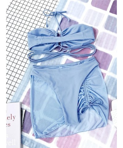 Women's 3 Piece Swimsuit Criss Cross Halter Bikini Set Bathing Suit and Drawstring Beach Skirt Dusty Blue $12.30 Swimsuits