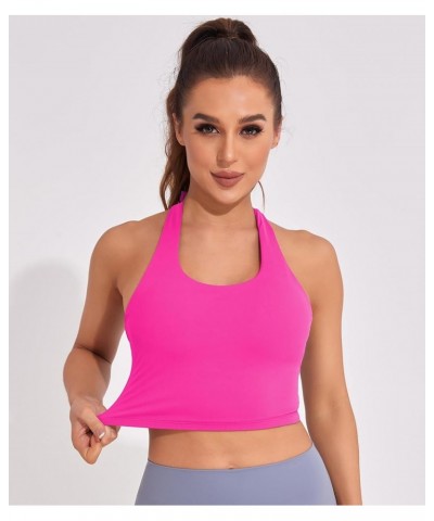 Womens Halter Workout Tops Support Padded Longline Sports Bra Crop Tank Yoga Bras Twist Gym Athletic Running Shirt Hot Pink W...