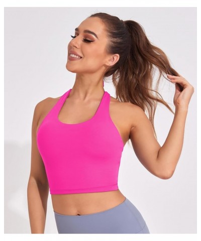 Womens Halter Workout Tops Support Padded Longline Sports Bra Crop Tank Yoga Bras Twist Gym Athletic Running Shirt Hot Pink W...