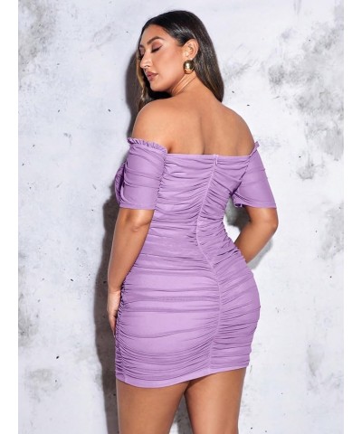 Women's Plus Size Off Shoulder Ruched Mesh Frill Tummy Control Knitted Pencil Bodycon Mini Dress Lilac Purple $22.36 Dresses