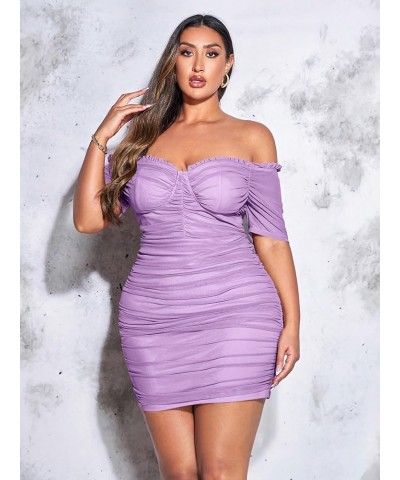 Women's Plus Size Off Shoulder Ruched Mesh Frill Tummy Control Knitted Pencil Bodycon Mini Dress Lilac Purple $22.36 Dresses