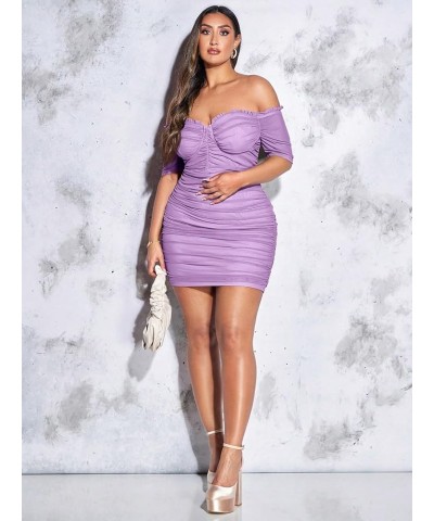 Women's Plus Size Off Shoulder Ruched Mesh Frill Tummy Control Knitted Pencil Bodycon Mini Dress Lilac Purple $22.36 Dresses