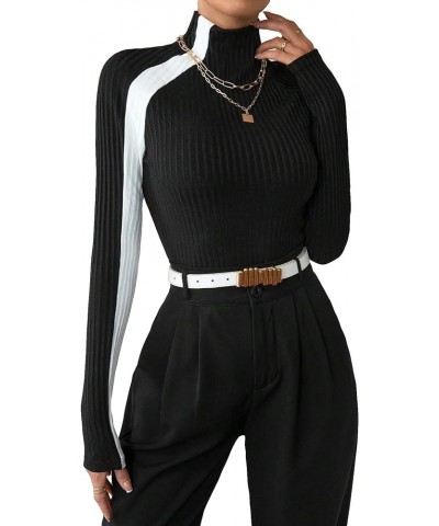 Women's Color Block Mock Neck Sweater Long Sleeve Rib Knit Fitted Pullover Shirt Tops White and Black $16.23 Sweaters