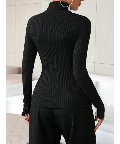 Women's Color Block Mock Neck Sweater Long Sleeve Rib Knit Fitted Pullover Shirt Tops White and Black $16.23 Sweaters