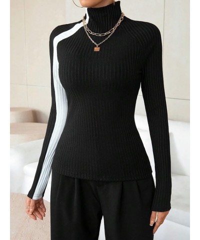 Women's Color Block Mock Neck Sweater Long Sleeve Rib Knit Fitted Pullover Shirt Tops White and Black $16.23 Sweaters