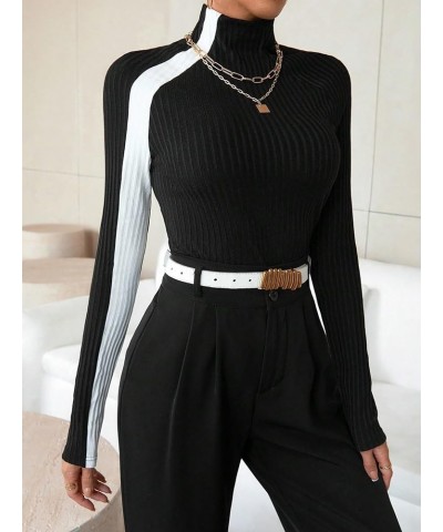 Women's Color Block Mock Neck Sweater Long Sleeve Rib Knit Fitted Pullover Shirt Tops White and Black $16.23 Sweaters