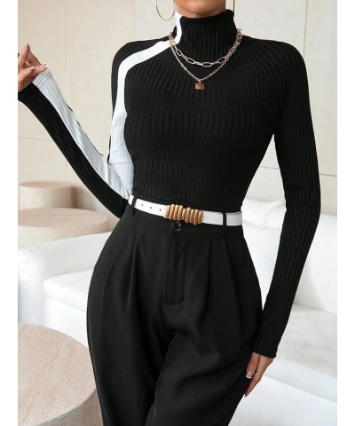 Women's Color Block Mock Neck Sweater Long Sleeve Rib Knit Fitted Pullover Shirt Tops White and Black $16.23 Sweaters