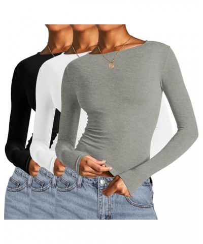 Long Sleeve Crop Tops for Women 2 Pack Fall Going Out Outfits Cute Tight Basic Tees Shirt Black&white&light Grey $9.50 T-Shirts