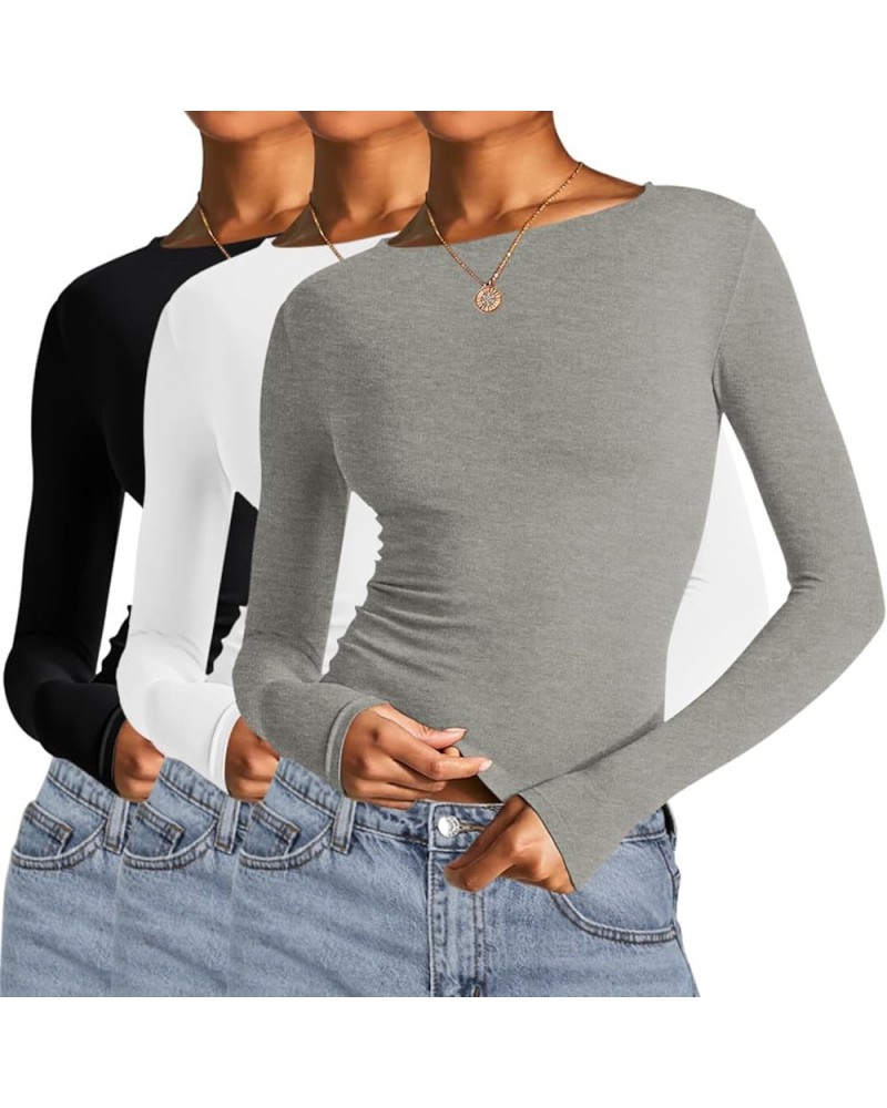 Long Sleeve Crop Tops for Women 2 Pack Fall Going Out Outfits Cute Tight Basic Tees Shirt Black&white&light Grey $9.50 T-Shirts