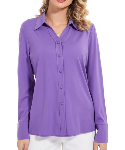 Women's Tencel Ruched Button Down Collared Shirts Long Sleeve Stretch Knitted Blouse Top S-3XL Purple07 $13.24 Blouses