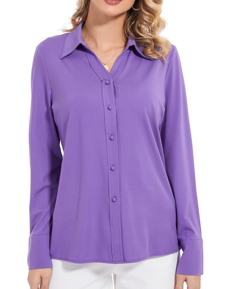 Women's Tencel Ruched Button Down Collared Shirts Long Sleeve Stretch Knitted Blouse Top S-3XL Purple07 $13.24 Blouses