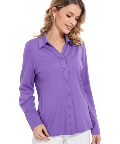 Women's Tencel Ruched Button Down Collared Shirts Long Sleeve Stretch Knitted Blouse Top S-3XL Purple07 $13.24 Blouses