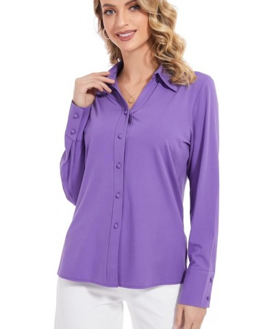 Women's Tencel Ruched Button Down Collared Shirts Long Sleeve Stretch Knitted Blouse Top S-3XL Purple07 $13.24 Blouses