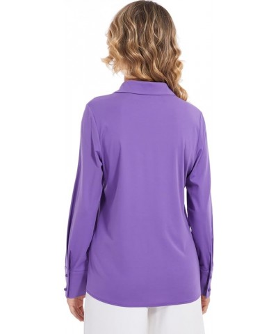 Women's Tencel Ruched Button Down Collared Shirts Long Sleeve Stretch Knitted Blouse Top S-3XL Purple07 $13.24 Blouses