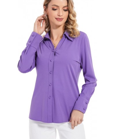 Women's Tencel Ruched Button Down Collared Shirts Long Sleeve Stretch Knitted Blouse Top S-3XL Purple07 $13.24 Blouses