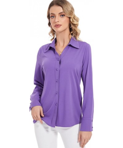 Women's Tencel Ruched Button Down Collared Shirts Long Sleeve Stretch Knitted Blouse Top S-3XL Purple07 $13.24 Blouses