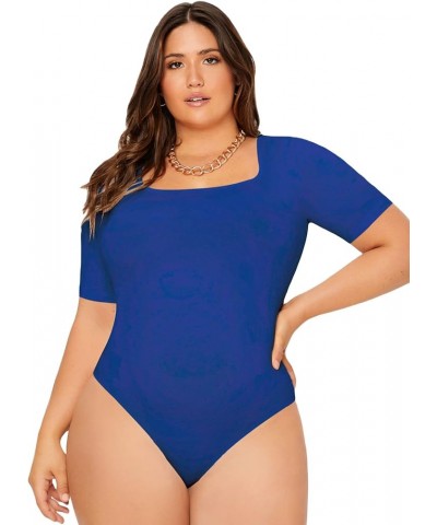 Womens Plus Size Bodysuit Scoop Neck Short Sleeve T Shirts Skinny One Piece Bodysuit Summer Basic Tops Solid Royal Blue $14.8...