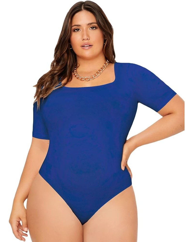 Womens Plus Size Bodysuit Scoop Neck Short Sleeve T Shirts Skinny One Piece Bodysuit Summer Basic Tops Solid Royal Blue $14.8...