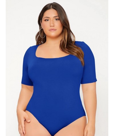 Womens Plus Size Bodysuit Scoop Neck Short Sleeve T Shirts Skinny One Piece Bodysuit Summer Basic Tops Solid Royal Blue $14.8...