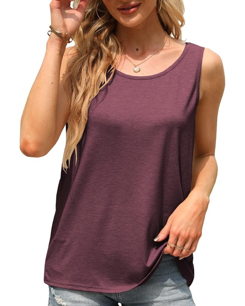 Women's Summer Loose Fit Scoop Neck Tank Tops Casual Sleeveless Plain Tops Tee Shirts Wine Red $10.59 Tanks