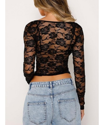 Women Lace Long Sleeve Shirt Top Y2k Sexy Sheer Mesh See Through Slim Fit Crop Top Blouse A-floral Lace-black $8.83 Blouses