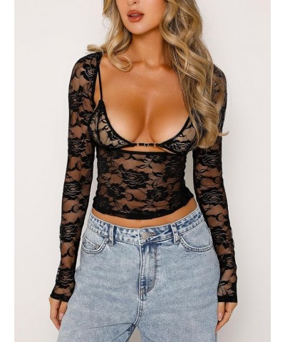 Women Lace Long Sleeve Shirt Top Y2k Sexy Sheer Mesh See Through Slim Fit Crop Top Blouse A-floral Lace-black $8.83 Blouses