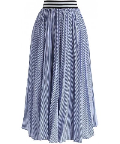 Women's Blue and White Stripe Pleated A-Line Midi Prom Party Skirt Blue $26.49 Skirts