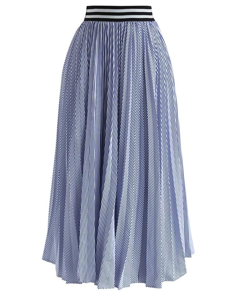 Women's Blue and White Stripe Pleated A-Line Midi Prom Party Skirt Blue $26.49 Skirts