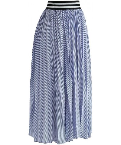 Women's Blue and White Stripe Pleated A-Line Midi Prom Party Skirt Blue $26.49 Skirts