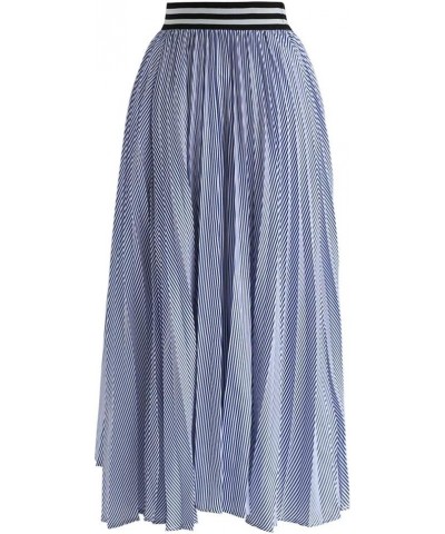 Women's Blue and White Stripe Pleated A-Line Midi Prom Party Skirt Blue $26.49 Skirts