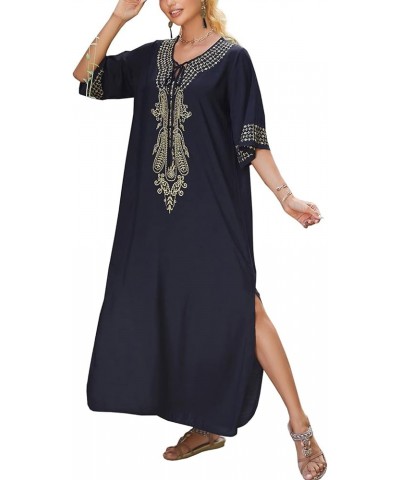 Women's Cotton Kaftan Loungewear Boho Homewear Oversized Kimono Maxi Beach Dress Cover Ups Robes E Black Embroidery $12.74 Sw...