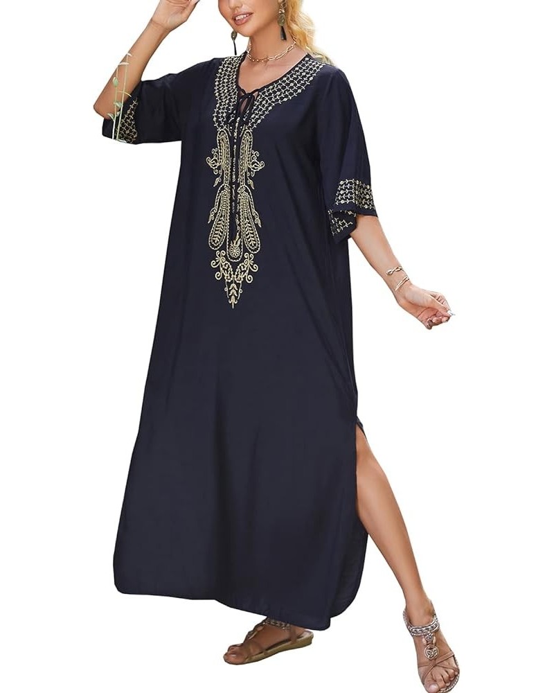 Women's Cotton Kaftan Loungewear Boho Homewear Oversized Kimono Maxi Beach Dress Cover Ups Robes E Black Embroidery $12.74 Sw...