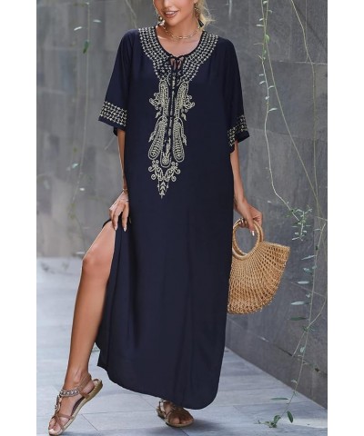 Women's Cotton Kaftan Loungewear Boho Homewear Oversized Kimono Maxi Beach Dress Cover Ups Robes E Black Embroidery $12.74 Sw...