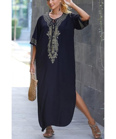 Women's Cotton Kaftan Loungewear Boho Homewear Oversized Kimono Maxi Beach Dress Cover Ups Robes E Black Embroidery $12.74 Sw...