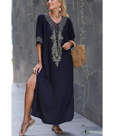 Women's Cotton Kaftan Loungewear Boho Homewear Oversized Kimono Maxi Beach Dress Cover Ups Robes E Black Embroidery $12.74 Sw...