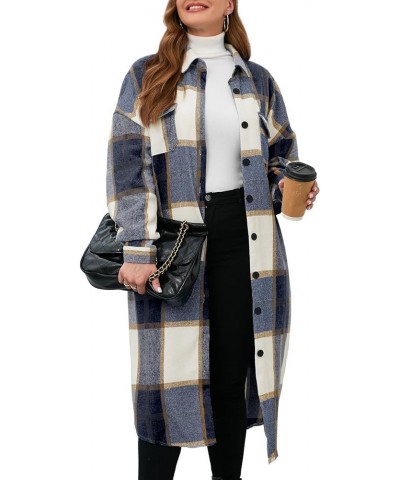 2023 Women's 0X-5X Plus Size Long Flannel Plaid Shacket Jacket Oversized Button Down Coats Shirts with Pockets Dark Blue $18....