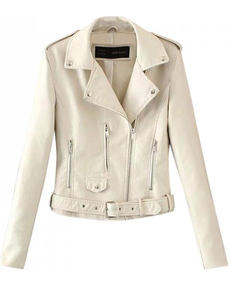 2023 Womens Faux Leather Moto Biker Jackets 2023 Fall Clothes Solid Color Long Sleeve Lapel Punk Cropped Coat Outerwear White...