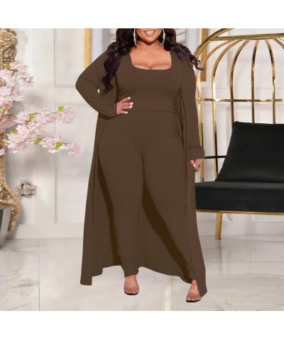 Womens Knitted 3 Piece Set Long Sleeve Cardigan Overcoat Crop Top and High Waist Wide Leg Pants Suit Outfits Brown 1 $22.56 S...